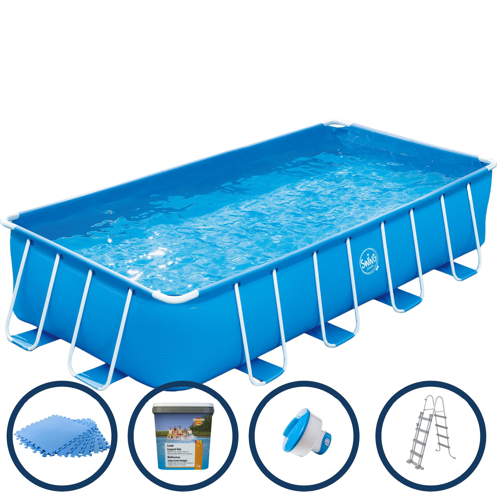 Polygroup Summer Waves Frame Pool Set - Blauer rechteckiger Pool, 4,88 x 2,44 x 1,07m, inklusive Zubehör Bodenschutzmatten blau 4mm